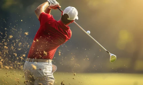 Side view of man using club to hit the golf ball, high quality picture, bright lighting, high resolution, perfect composition, with space for text or copy space, with text area, high detail, 8k --ar 3:2 --v 6 Job ID: b2d32001-4d63-4c06-830b-b8c2ea5a80fb